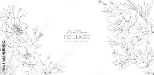 Vibrant background with flowers and trendy botanical elements. Retro hand drawn leaves branches and blooming. Modern elegant wildflowers for invitation save the date card. Vector