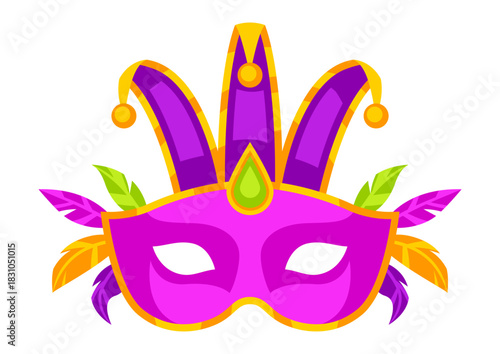 Mardi Gras mask with feathers. Carnival illustration for traditional holiday or festival.