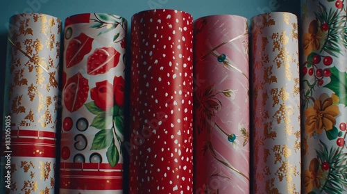 Gift wrapping paper rolls in vibrant patterns create holiday cheer and festive spirit for Christmas gifts and birthday presents