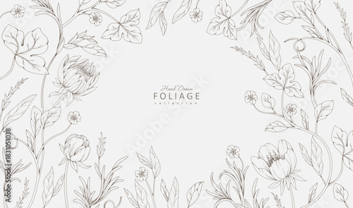 Floral bakground or wallpaper with tender flowers and leaves. Botanical foliage for wedding invitation or wall art. Vector illustration