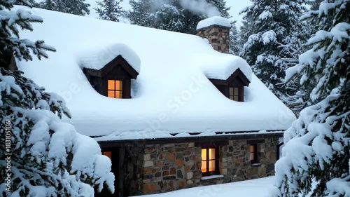 Cozy cabin covered in fresh winter snow with trees surrounding.