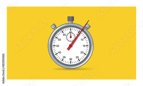 Minimalist analog stopwatch illustration in flat vector style on yellow background featuring red hands and precise tick marks