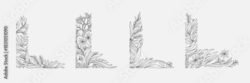 Set of detailed corner with botanical decorations elements. Luxury elegant design elements for wedding frame invitation or save the date card. Editable stroke