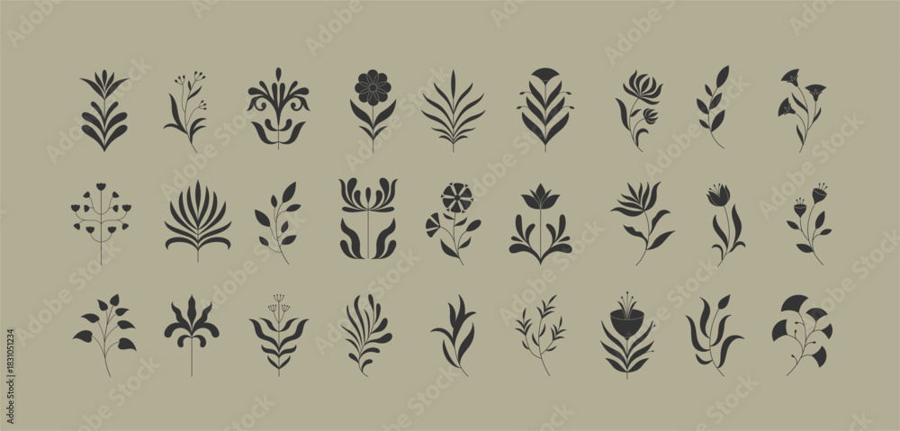 Fototapeta premium Set of simple geometric branch and flowers. Botanic silhouette, wavy and boho elements. Leaves and branches print for logo, or packaging