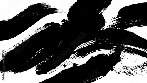 Abstract black brush strokes on a white background create a visually striking effect, featured in this vector illustration set.