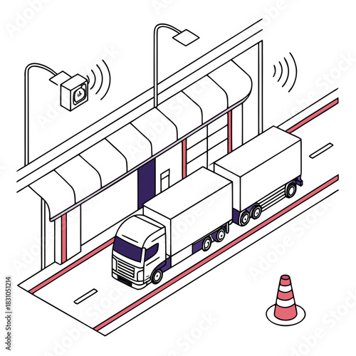 Isometric illustration of a smart truck passing through a modern automated toll gate with sensors and cameras