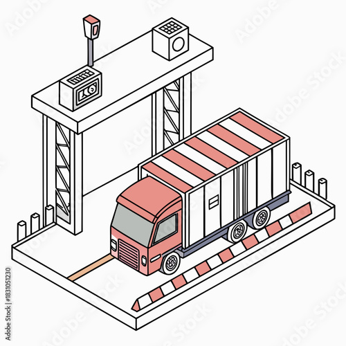 Isometric illustration of a red truck passing through a checkpoint with security equipment and barriers