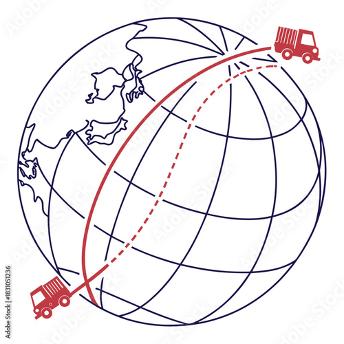 Global logistics concept with trucks moving across the earth showing international shipping routes