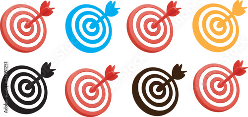 Target dartboard illustration, bullseye hit, colorful precision icons, goal achievement concept, symmetrical layout, accuracy symbol, business success graphic
