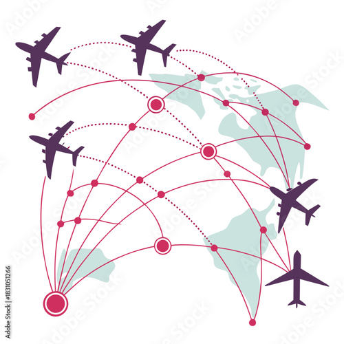Global air travel network connecting continents with airplanes and flight paths across the world map