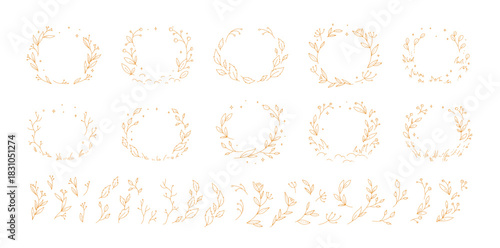 Set of cute botanical wreath and brunch with leaves. Floral frame and design elements for invitation save the date card