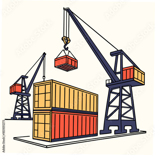 Industrial port scene with cranes loading and unloading shipping containers onto a platform