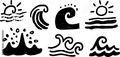 Stylized sun and wave illustrations. Simple black and white vector graphics featuring ocean elements as a set.