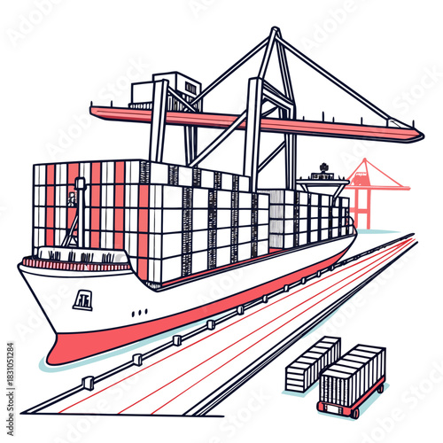 Large cargo ship being loaded with containers by a massive crane at a busy port