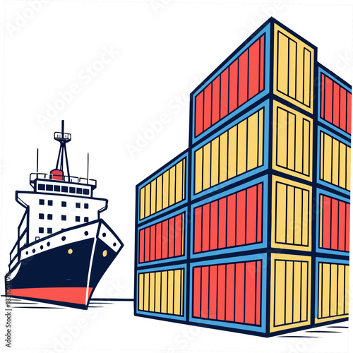 Cargo ship arriving at a port with stacked shipping containers in a stylized illustration