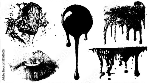 Ink drawing with vintage style featuring various drip patterns and shapes. This monochrome vector illustration displays textures and abstract outlines.