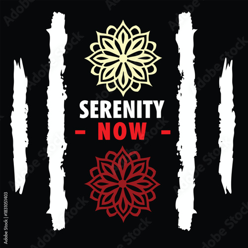 White brush strokes frame serenity text between mandala motifs on a dark backdrop