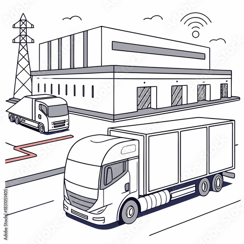 Modern logistics hub with trucks power lines and wireless connectivity symbol