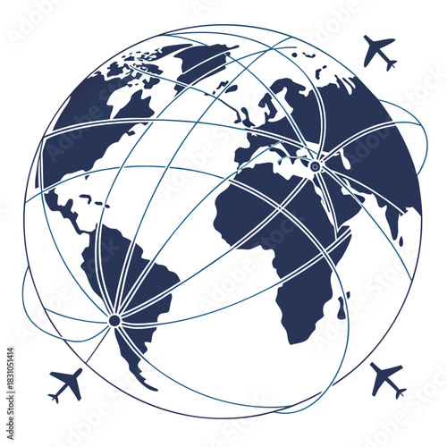 Global air travel network connecting continents with airplanes flying on international routes