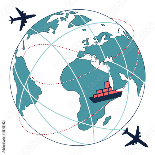 Global shipping and air cargo routes connect continents with airplanes and cargo ship illustration