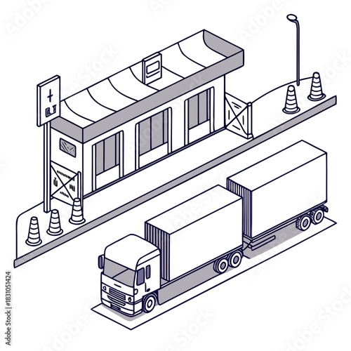Isometric illustration of a truck with two trailers at a toll booth or checkpoint with traffic cones