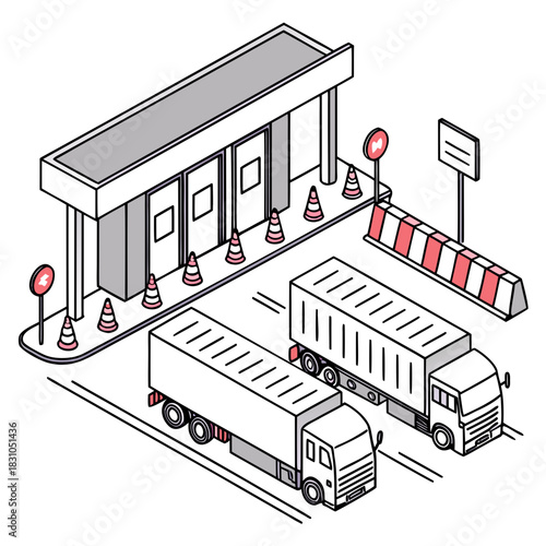Isometric illustration of trucks at a border crossing checkpoint with traffic cones and barriers