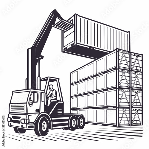 Container handler truck lifting and stacking shipping containers at a logistics port or warehouse facility