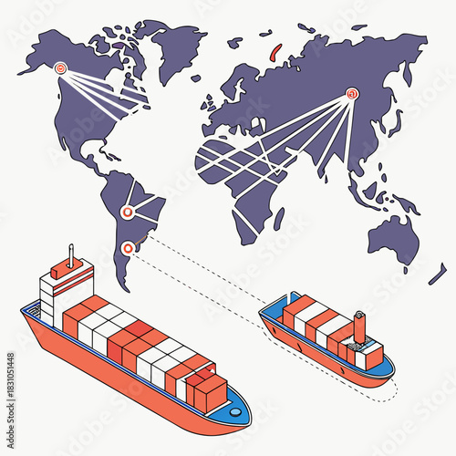 Global shipping routes connecting continents with container ships and cargo transport networks