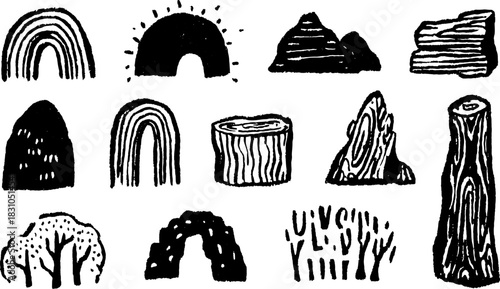 Black and white vector illustration set featuring various shapes: rainbows, trees, mountains, and logs. Simple and flat graphic design for nature themes.