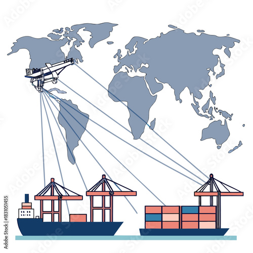 Global shipping and air cargo transportation network connecting continents and ports with cargo ships and airplanes