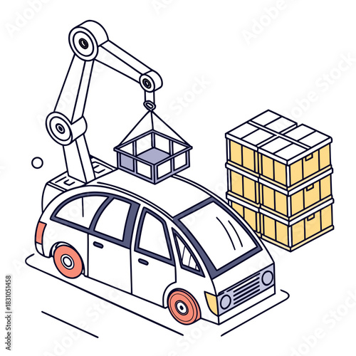 Automated robotic arm loading cargo container onto a futuristic autonomous vehicle for delivery