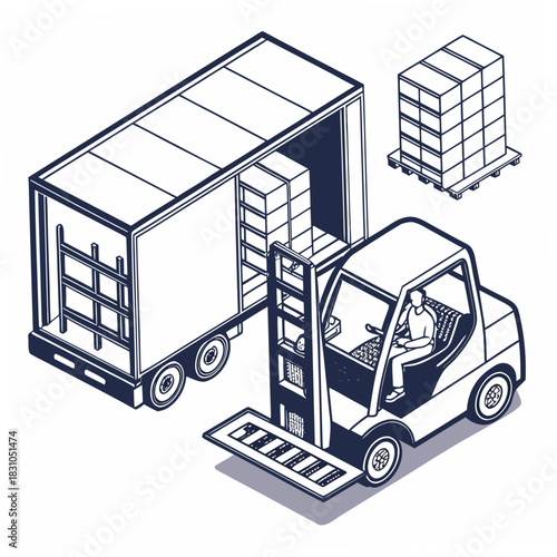 Forklift loading boxes into a delivery truck in an isometric illustration style