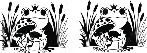 Whimsical frog illustration, crowned frog, mushroom holder, cattail scene, fantasy nature art, spot the difference, black and white drawing