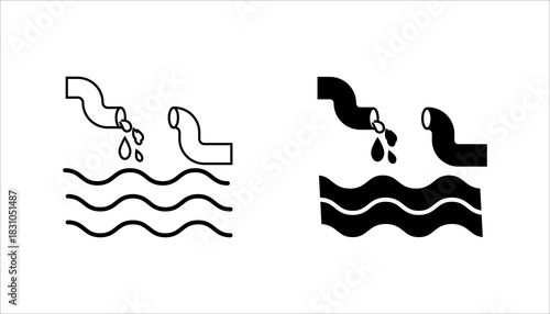 Water Flow Under Pipe Icon set.
 Plumbing icon showing pipe dripping or releasing water into flowing waves below, symbolizing liquid flow, leakage drainage, flood, or water distribution system 