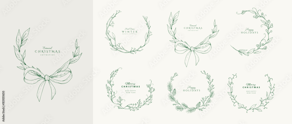 Fototapeta premium Christmas greeting wreaths, frame and vignettes with winter plants and traditional New year decorations for holiday card or invitation. Botanical set with engraving design