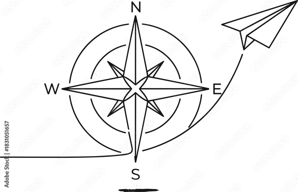 Naklejka premium Explorer Paper Plane and Compass in One Continuous Stroke.
