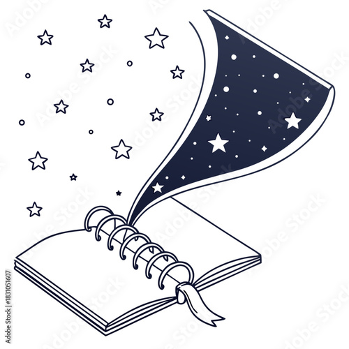 Open notebook with stars and cosmic dust flowing out symbolizing imagination and creativity
