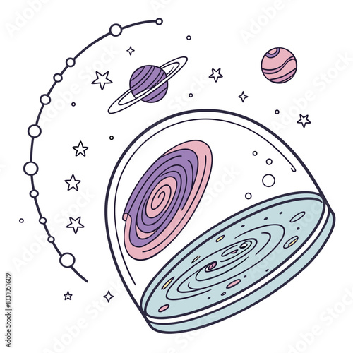 Whimsical cartoon space scene featuring planets galaxies stars and a constellation in pastel colors