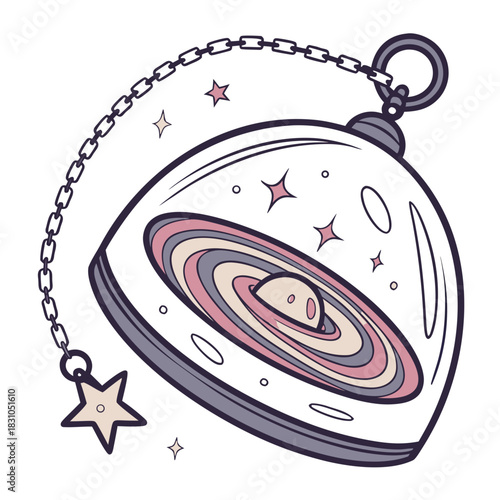 Whimsical illustration of a glass orb containing a swirling galaxy and stars suspended by a chain with a star charm