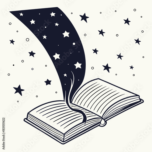 Open book releasing a magical stream of stars and celestial bodies into the night sky