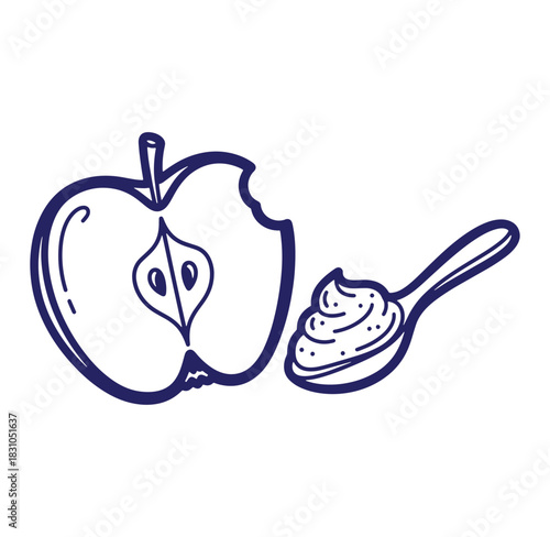Hand drawn illustration of a bitten apple with creamy dessert on a spoon