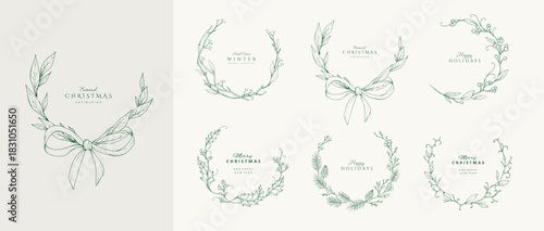 Christmas greeting wreaths, frame and vignettes with winter plants and traditional New year decorations for holiday card or invitation. Botanical set with engraving design