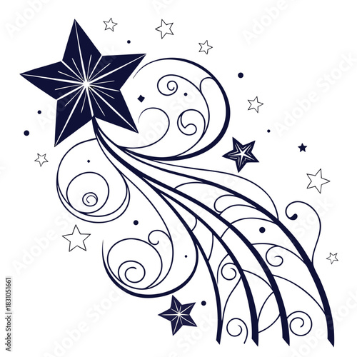 Elegant dark blue shooting star with swirling ornate trails and scattered stars on white background