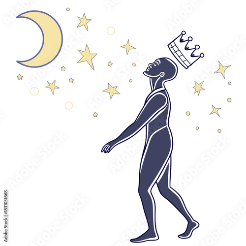 Stylized figure wearing a crown walks under a crescent moon and glowing stars at night