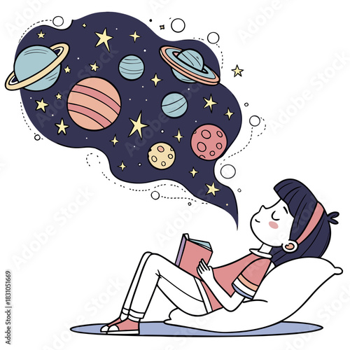 Young girl lying on a pillow reading a book and dreaming of outer space planets and stars