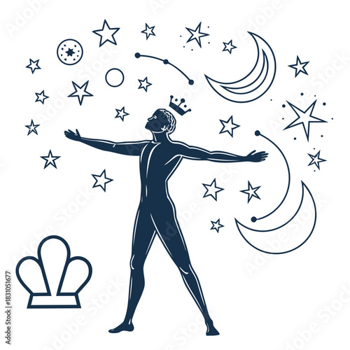 Man wearing a crown with arms outstretched surrounded by stars moons and constellations representing dreams and aspirations