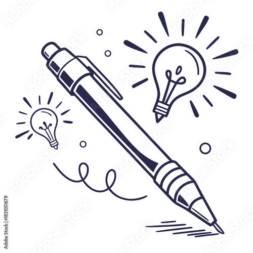 Creative idea generation with a pen and glowing lightbulbs symbolizing inspiration and innovation