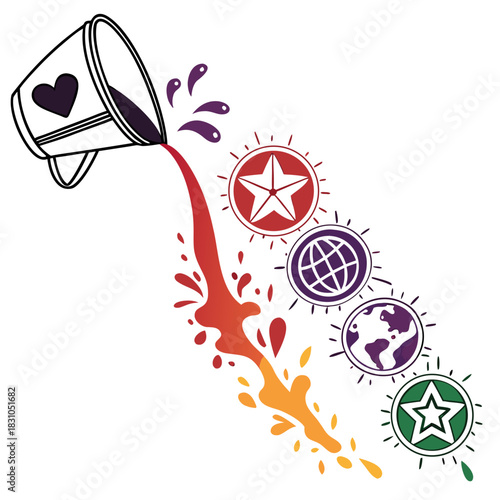 Bucket of love pours out colorful splashes symbolizing global impact and stars