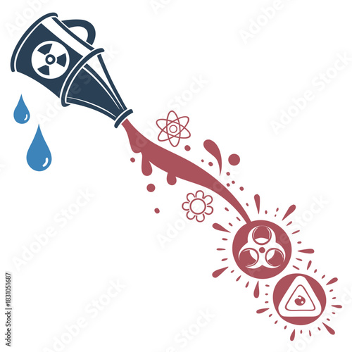Radiation and biohazard symbols pour from a watering can with drops and abstract shapes