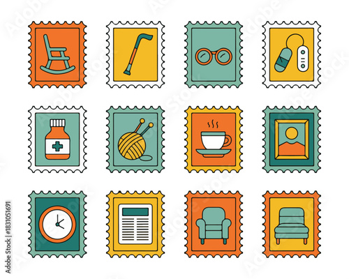 Senior lifestyle items in postage stamps vector illustration of aging related symbols with rocker, glasses, medication, news and armchair icons